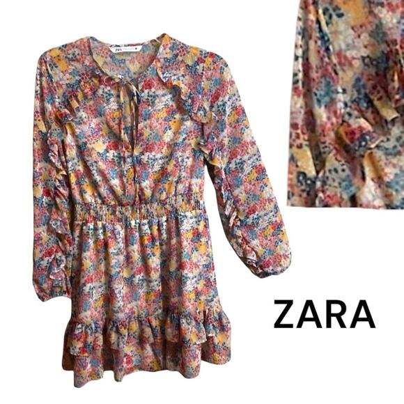 Zara Dress Women's Size XS Tie Neck Ruffle Mini Floral Romantic Boho Peasant - Picture 1 of 14